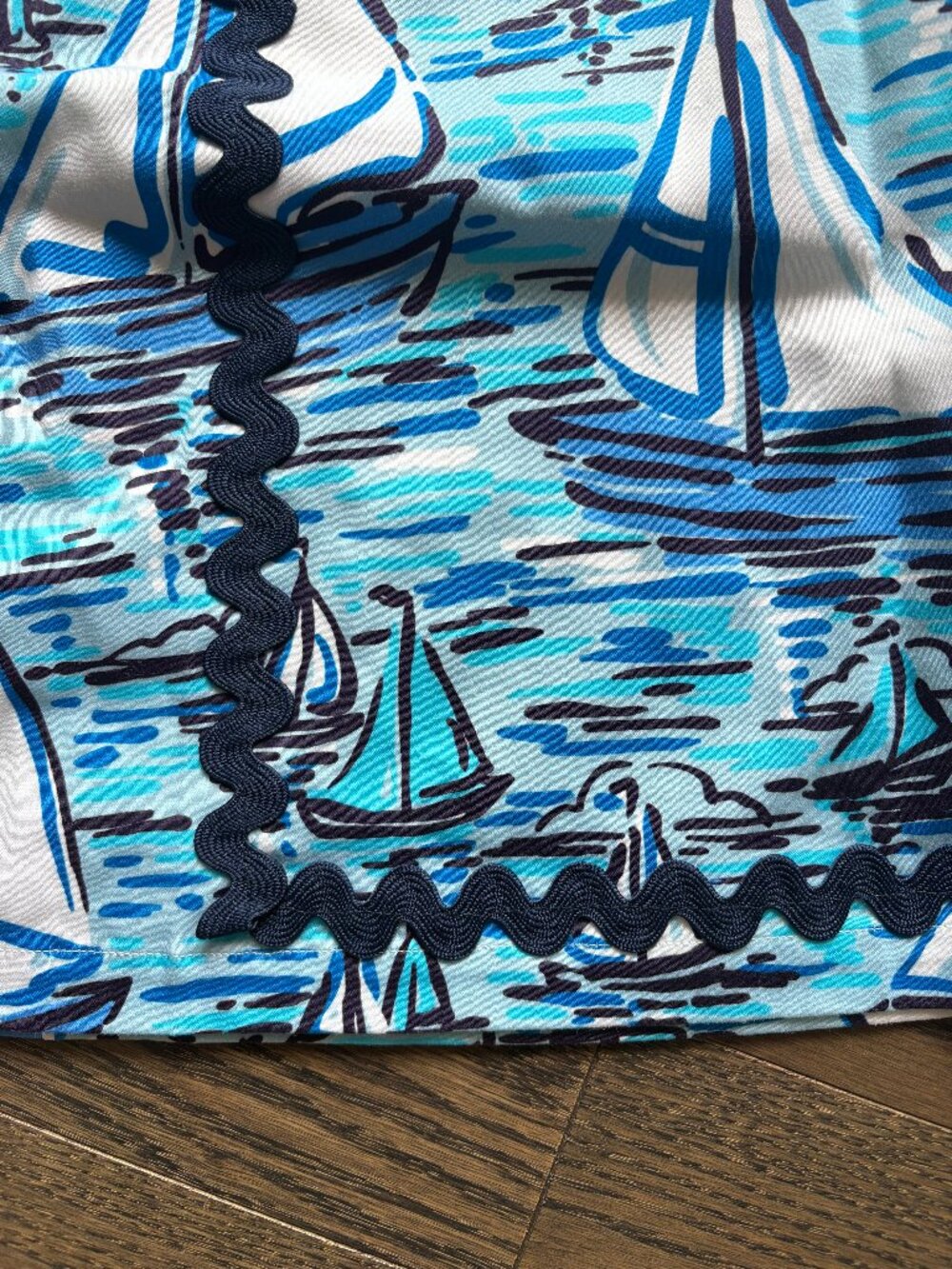 Blue Printed Shift Dress - Ric Rac Trim - Picture 2 of 4